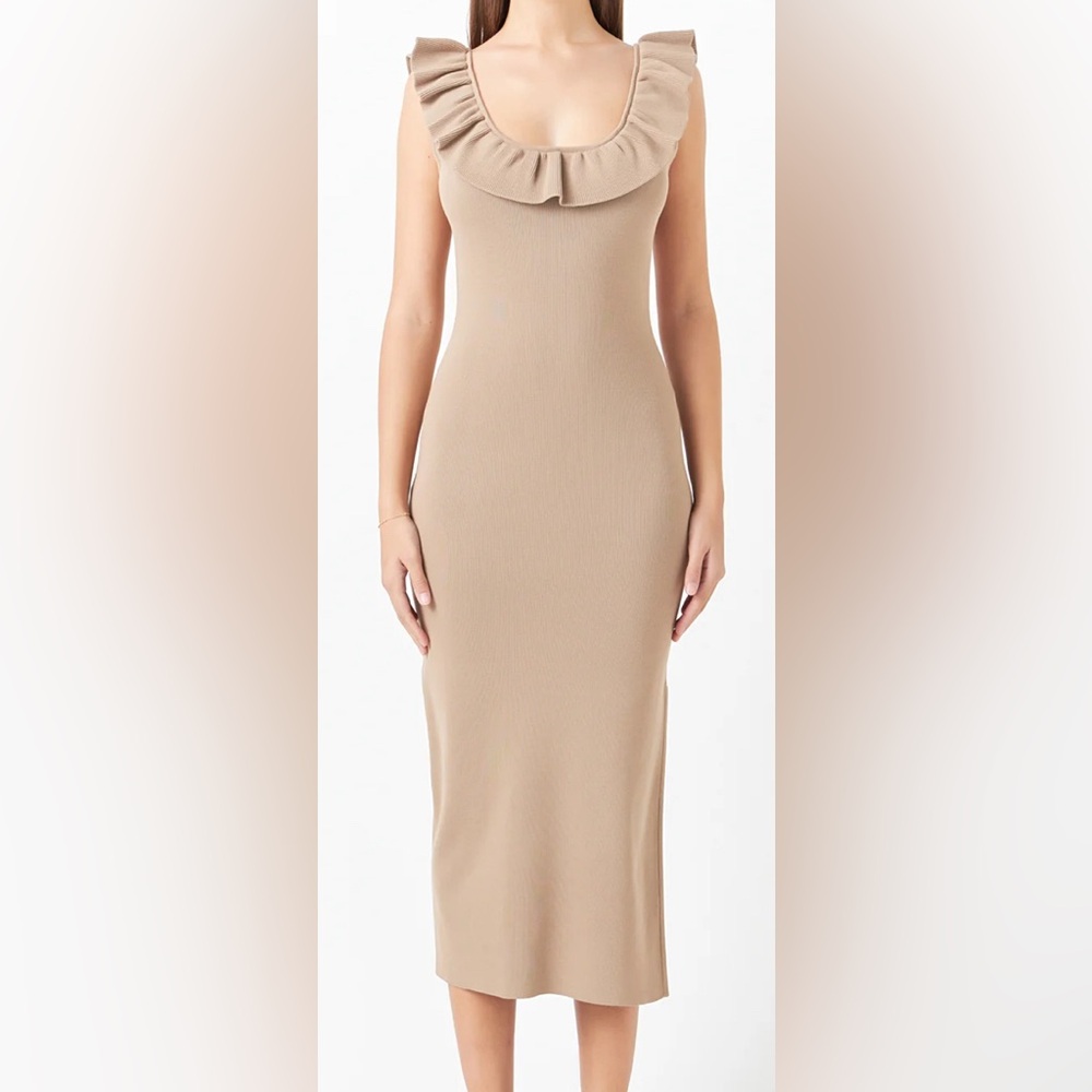 NWOT Endless Rose Ruffle Neckline Midi Slit Dress